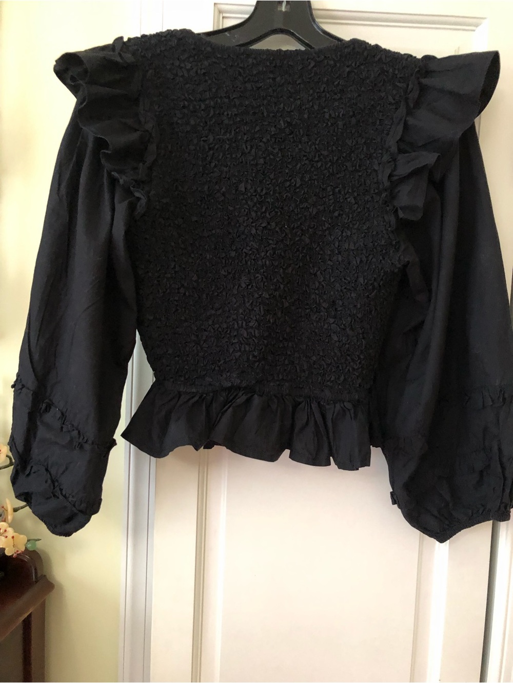 Cleobella Black Smocked Ruffle Long Sleeve Top